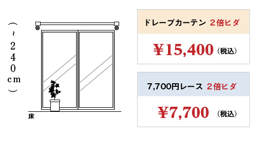 〜240cmドレープカーテン2倍ヒダ15,400円レースカーテン2倍ヒダ7,700円